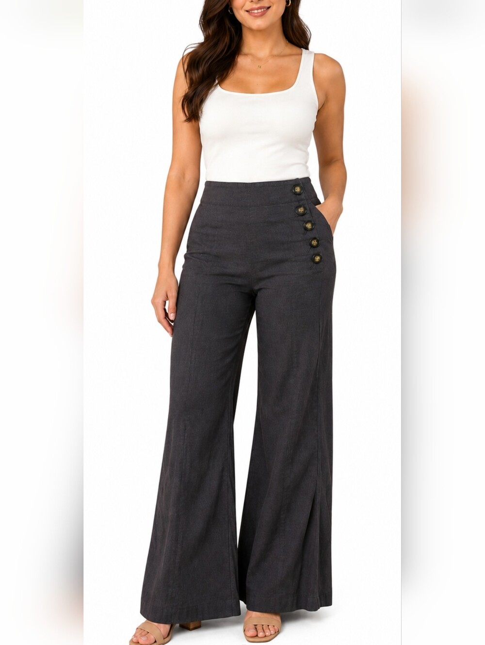 Elevenses Anthropologie Brown Sailor Pants Pleated Wide Leg Linen Blend Sz 6 #C5